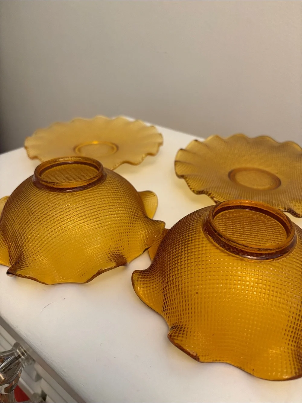 Vintage Colony Amber Waffle Ruffled Glass Dessert Bowl & Plate Sets | Set of 2